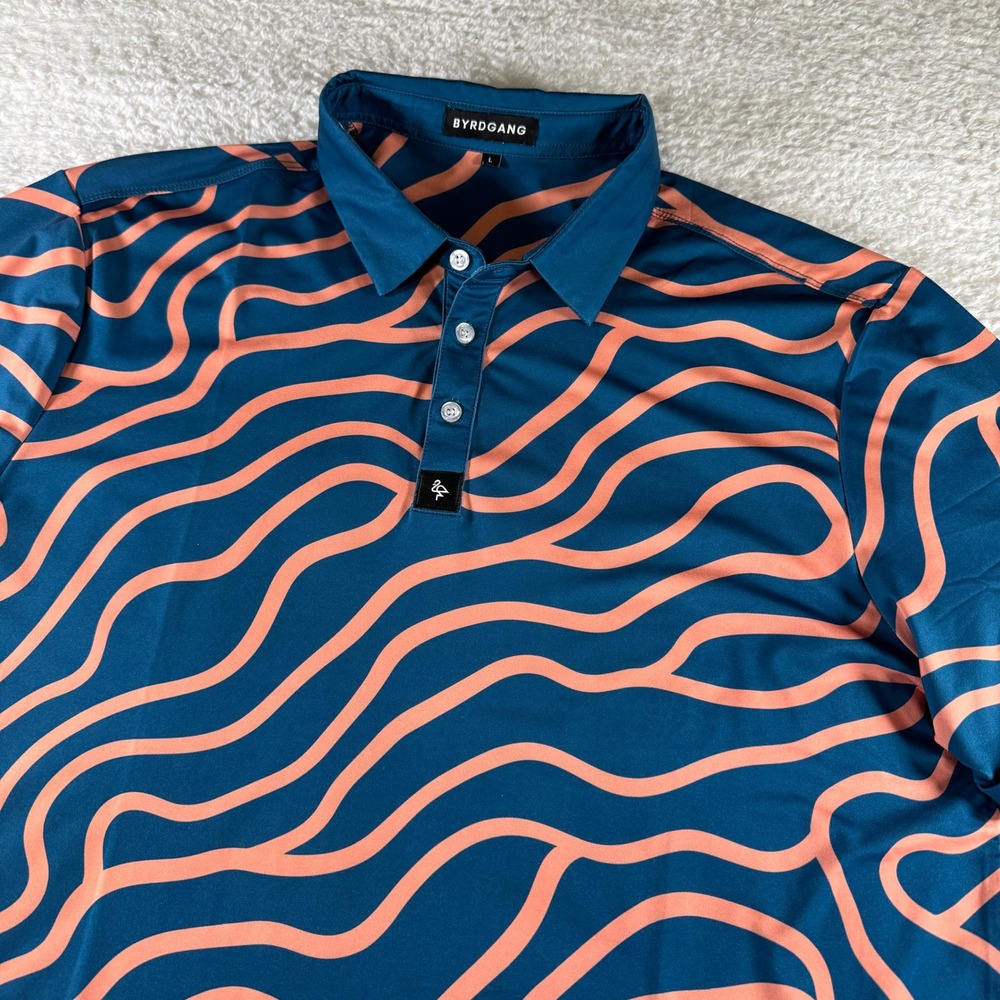 Byrd Gang Polo Shirt Mens Large Blue Pink‎ Wavy Print Golf Orange Collar Stretch